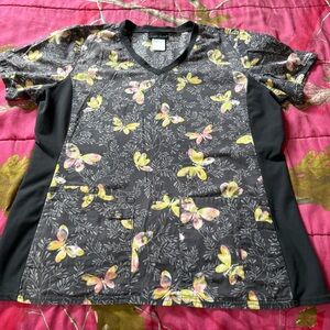 Cherokee Women's Scrub Top with Yellow and Pink Butterfly Print